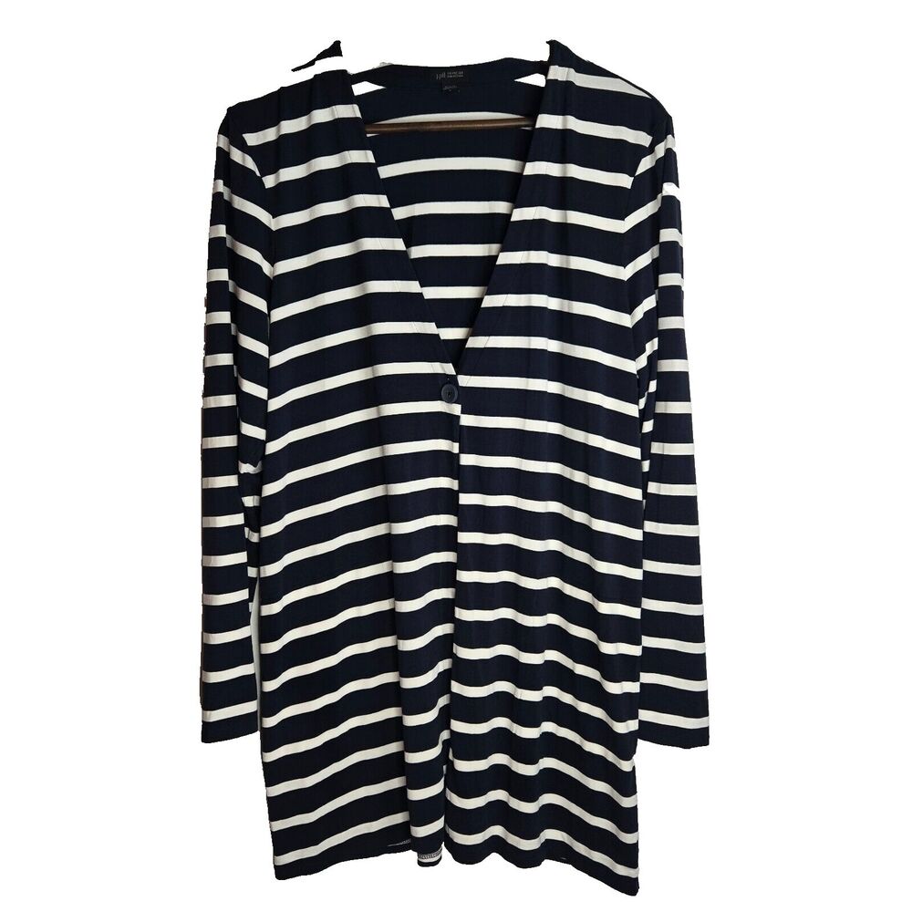 J Jill Blue White Striped Long Line Single Button Cardigan Womens Large
